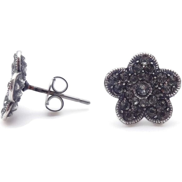 Catherine Popesco Dark Grey Crystal Flower Silver Plated Post Earrings NEW - Picture 3 of 3